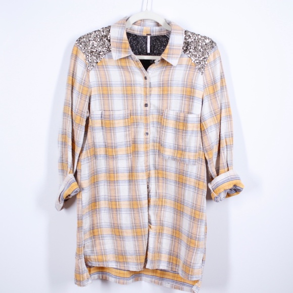 Free People Yellow Plaid Sequin Button Up Shirt - Picture 2 of 8